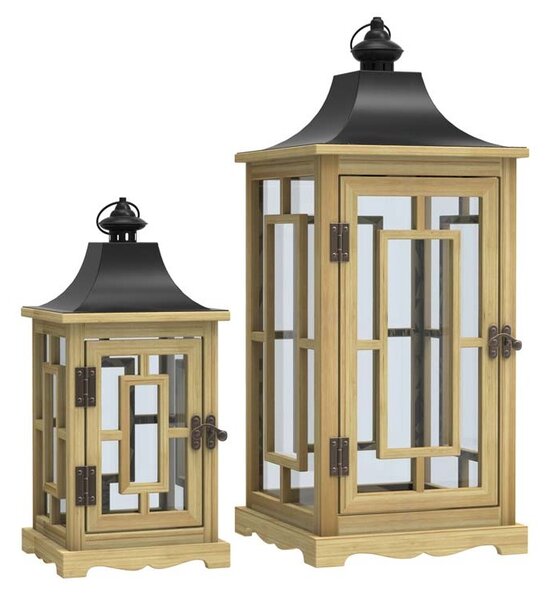 Sada 2 dřevěných luceren s kovovými prvky - přírodní, 38 a 58 cm