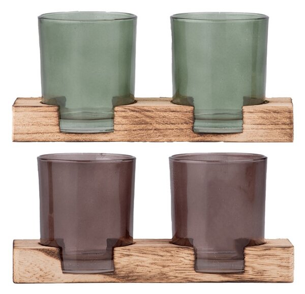 Svícen sklo set 2ks 190x70x90mm na dřevěném tácku, mix barev