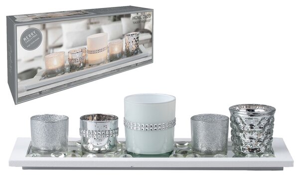 Svícen sklo 6ks set 190x70x90mm na dřevěném tácku, bílá stříbrná