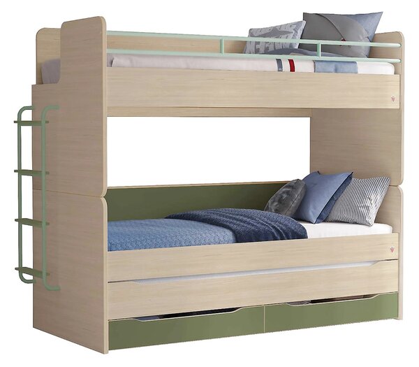 Patrová postel s přistýlkou, úložným prostorem a žebříkem Fairy Modular - dub světlý/zelená