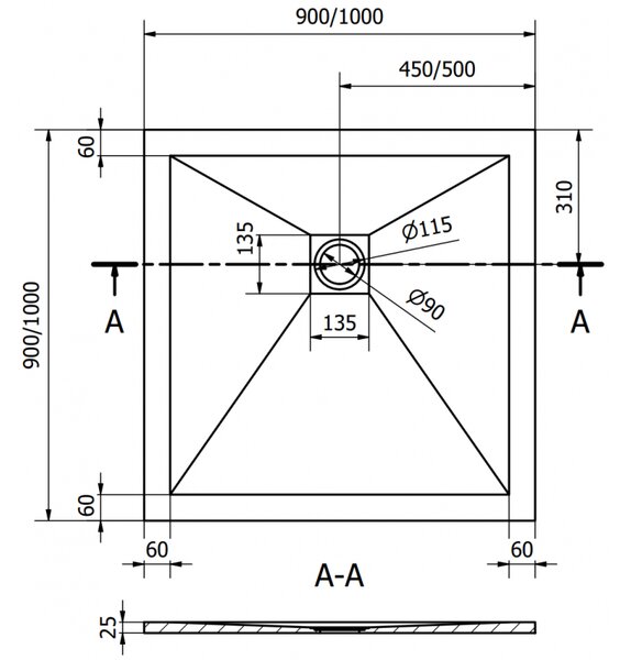 Mexen Stone+ sprchová vanička kompozitová čtvercová 90 x 90 cm, bílá, krytka zlatá - 44109090-G