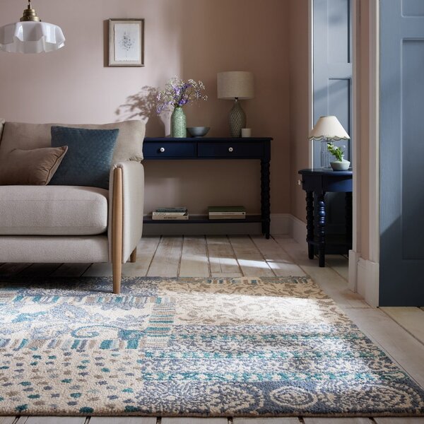 Modrý/béžový ručně tkaný vlněný koberec 120x170 cm Eloise Patchwork – Flair Rugs