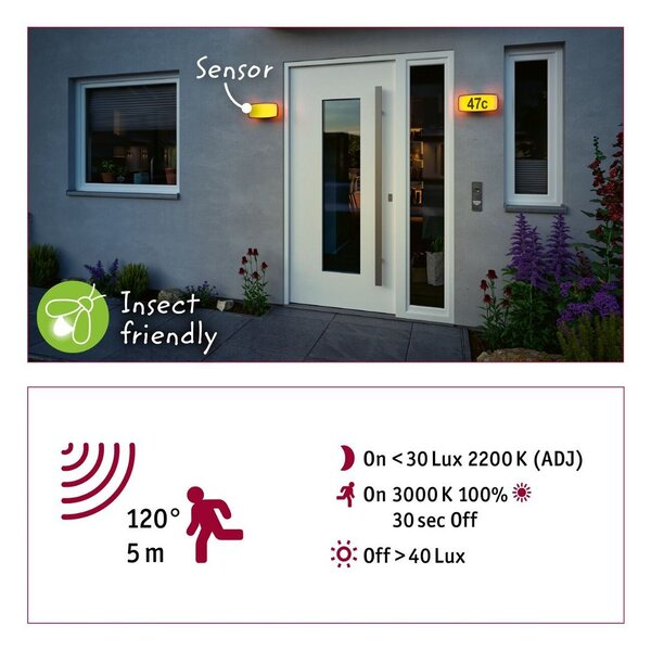 P 94507 LED domovní číslo a svítidlo Smart Home Zigbee Sheera soumrakový senzor neláká hmyz IP44 276x73mm CCT 6,5W 230V antracit umělá hmota - PAULMANN