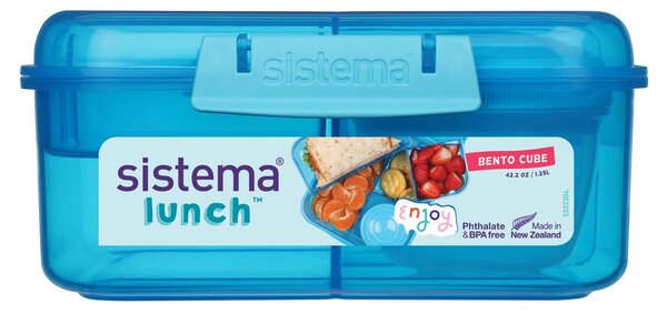 Sistema Dělený svačinový box Lunch Bento Cube s nádobou na jogurt a 2 tácky 1,25 l, modrá