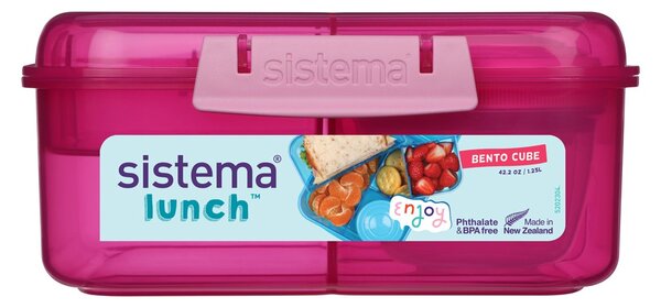 Sistema Dělený svačinový box Lunch Bento Cube s nádobou na jogurt a 2 tácky 1,25 l, růžová
