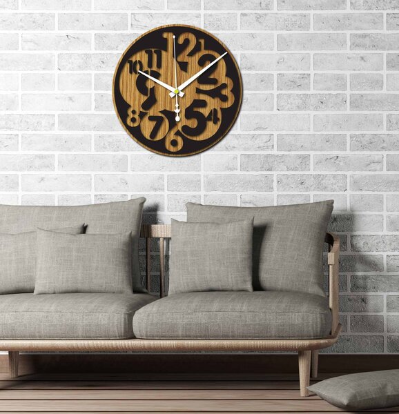 Sentop - Moderní nástěnné hodiny čísla HDKF019 MDF dub - černé: Stříbrné ručičky 30 cm 4002-53656 HDKF019 HDF
