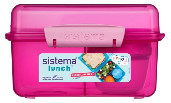 Sistema® Lunch™ Tříkomorová krabička s nádobou na jogurt s dvojitým víčkem 2 l, růžová