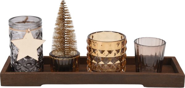 Svícen set 6ks sklo na dřevěném tácku 55x38/57x60/57x97/70x67mm, barevná
