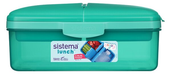 Sistema Dělený svačinový box Lunch Quaddie 1,5 l se 3 výklopnými přihrádkami ve víku a s lahví na pití, mátová
