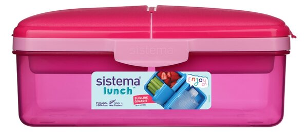 Sistema Dělený svačinový box Lunch Quaddie 1,5 l se 3 výklopnými přihrádkami ve víku a s lahví na pití, růžová