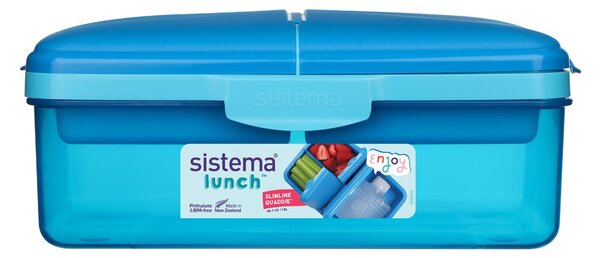Sistema Dělený svačinový box Lunch Quaddie 1,5 l se 3 výklopnými přihrádkami ve víku a s lahví na pití, modrá
