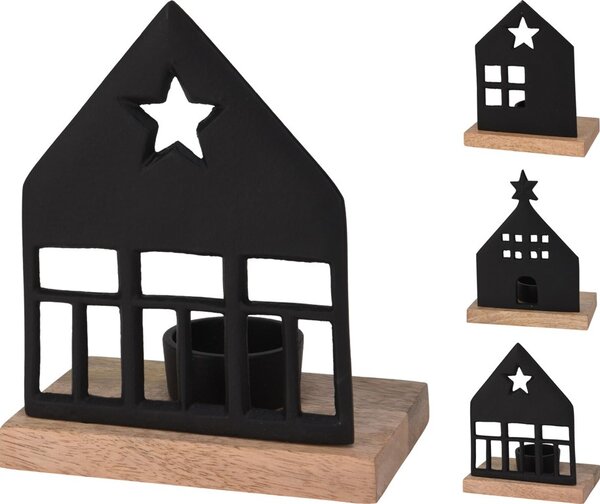Hliníkový svícen domek na čajovou svíčku 130x80x190mm mix, černá, přírodní
