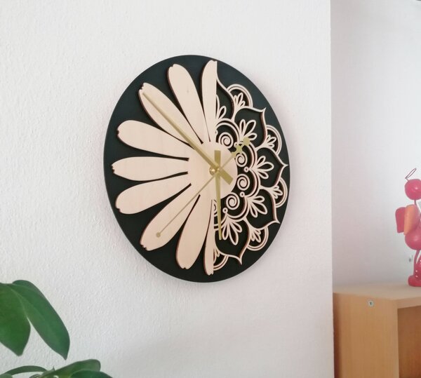 Dřevěné hodiny na zeď květ života | SEDMA: Stříbrné ručičky 30 cm 4021-56130 PR0374 MDF-playwood