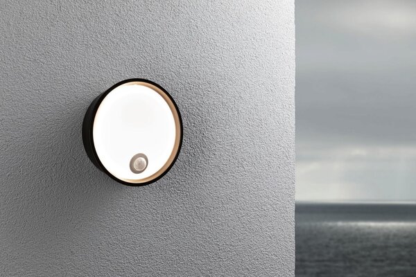 P 94698 LED venkovní nástěnné svítidlo Platomo pohybové čidlo IP44 kruhové 180mm 3000K 14,5W 230V černá umělá hmota - PAULMANN
