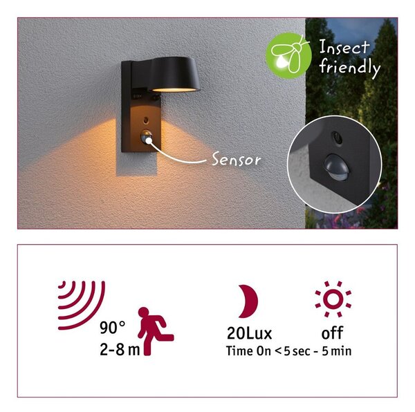 P 94714 LED venkovní nástěnné svítidlo Smart Home Zigbee Capea pohybové čidlo neláká hmyz IP44 96x153mm CCT 6W 230V 98° antracit - PAULMANN