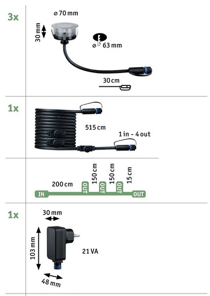 P 94722 Plug & Shine LED zemní svítidlo Floor základní sada neláká hmyz IP67 2200K 3x2W 21VA stříbrná - PAULMANN