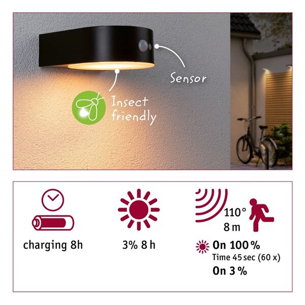 P 94730 Solární LED venkovní nástěnné svítidlo Eileen pohybové čidlo neláká hmyz IP44 2200K černá - PAULMANN