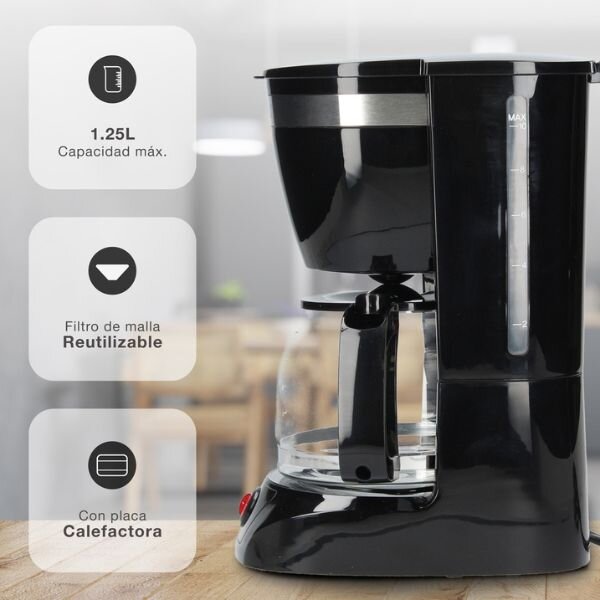 Elektrický překapávač na kávu Väline Mocca, 10 šálků, 800W, 1,25 l, černý, 3 roky záruka