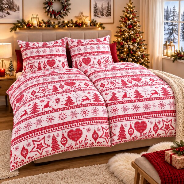 Povlečení bavlněné Vánoční povlečení Santa červený TiaHome - 1x Polštář 90x70cm, 1x Přikrývka 140x200cm