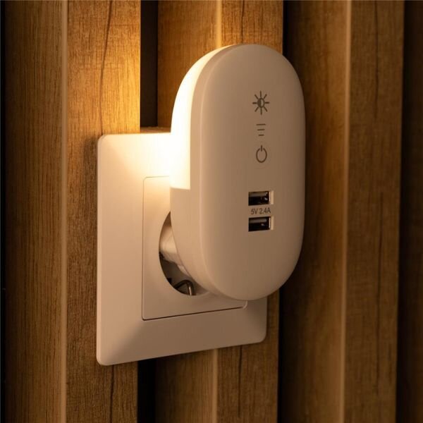Noční světlo do zásuvky bez senzoru, dotykové, stmívatelné, 1,5W se 2 USB porty, teplá