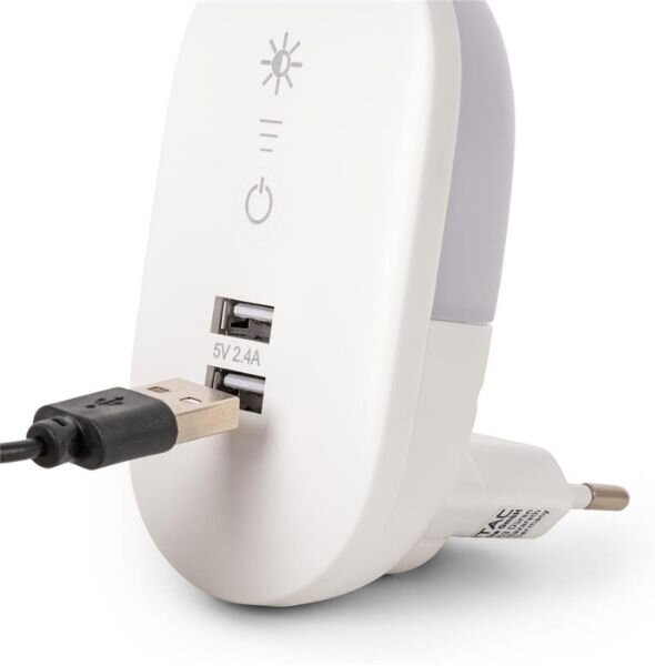 Noční světlo do zásuvky bez senzoru, dotykové, stmívatelné, 1,5W se 2 USB porty, teplá