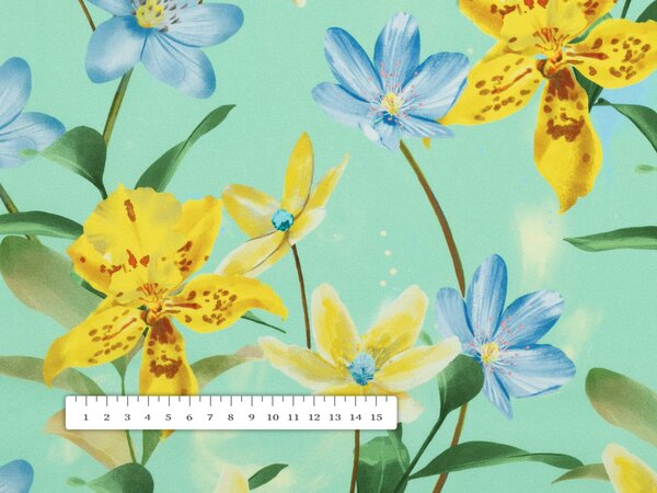 Teflonová látka na ubrusy TF-082 Žluto-modré lilie na mintovém - šířka 155 cm