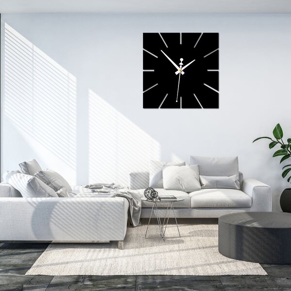 Nástěnné hodiny minimalistický čtvercový design - KAVARDI: Zrcadlo SILVER Černé ručičky 30 cm 4202-105570 X0099