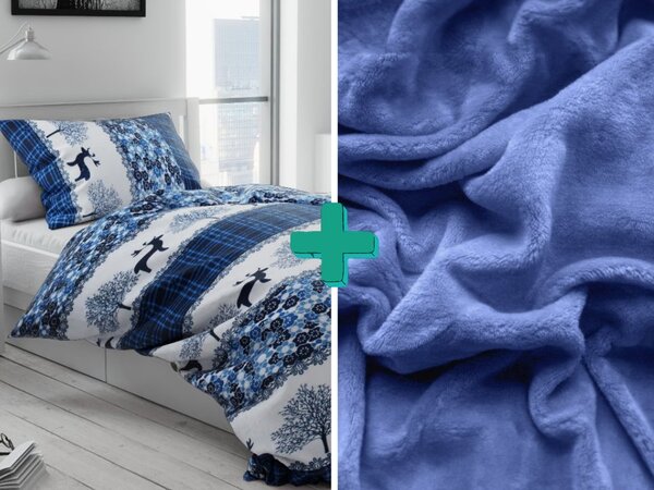 Povlečení mikroplyš VÁNOČNÍ SOBI modré + prostěradlo mikroplyš SOFT 90x200 cm modré