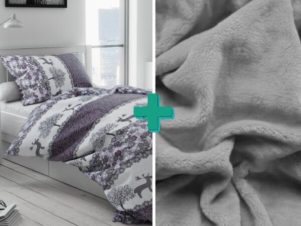 Povlečení mikroplyš VÁNOČNÍ SOBI šedé + prostěradlo mikroplyš SOFT 90x200 cm světle šedé