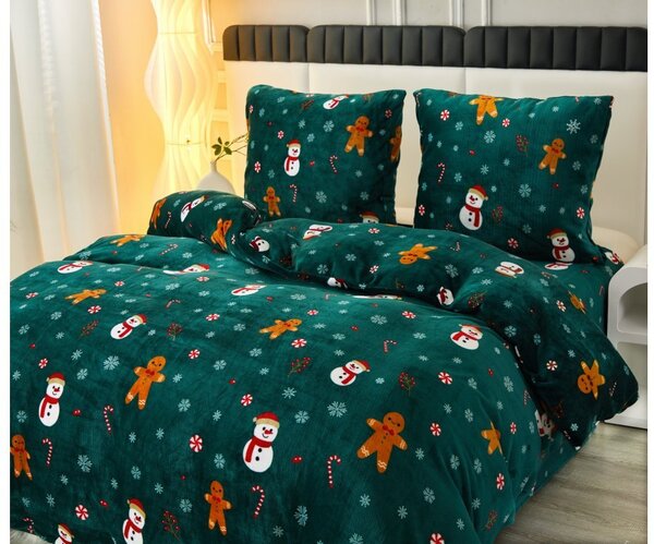 Povlečení mikroplyš SNĚHULÁK A PERNÍČEK zelené + prostěradlo mikroplyš SOFT 90x200 cm černé