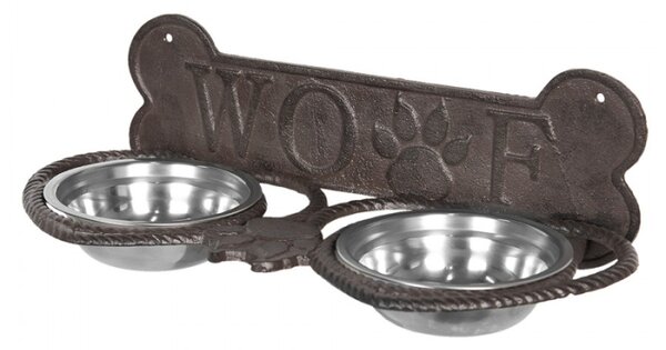 Misky pro psa ve stojanu s kostí a nápisem Woof – 2x300 ml