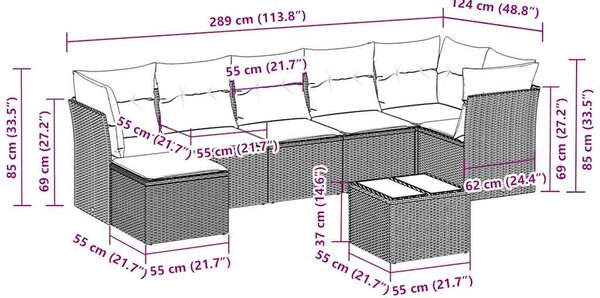 8dílná zahradní sedací souprava a podušky světle šedá polyratan