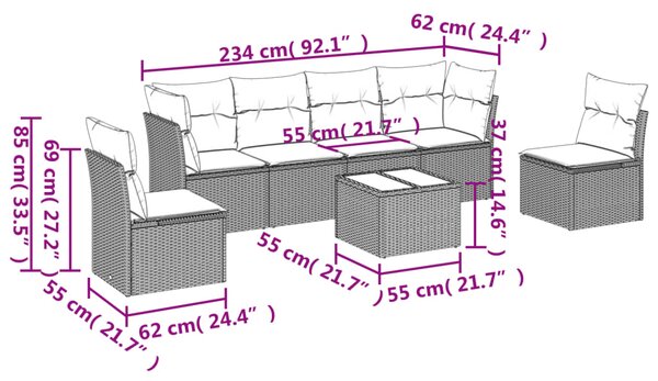 7dílná zahradní sedací souprava s poduškami hnědá polyratan 3217383