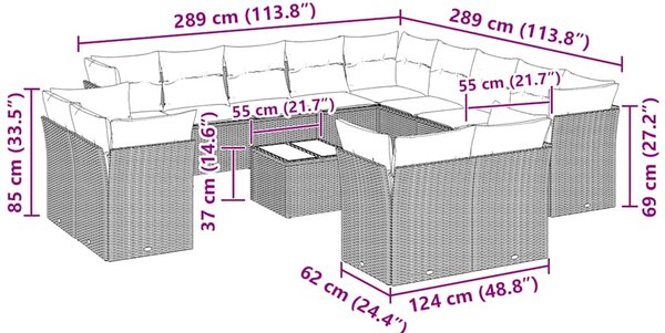 14dílná zahradní sedací souprava podušky světle šedá polyratan