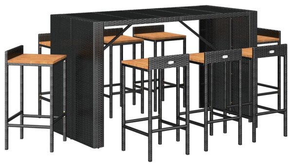 9dílný zahradní barový set černý polyratan a masivní akácie