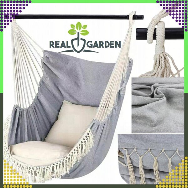 RealG RC-K-573 Brazilské závěsné houpací křeslo s polštáři 130 x 100 cm, šedobéžové