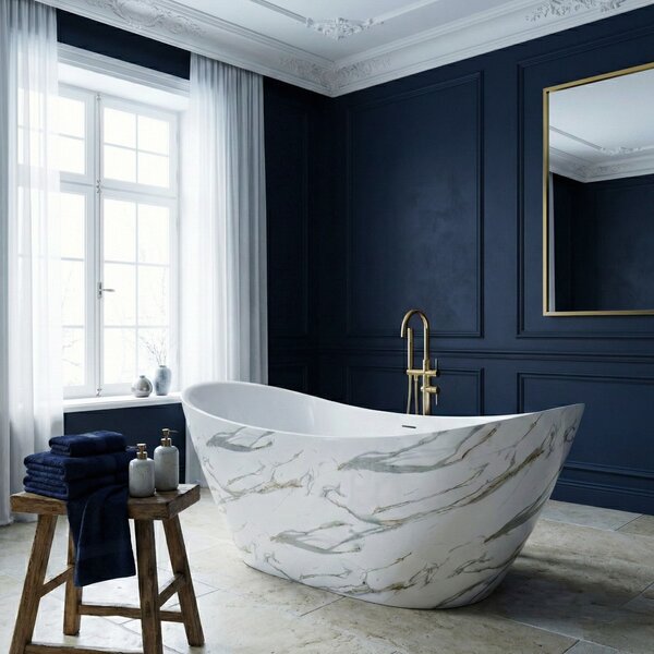 Rea Ferrano Slim, volně stojící vana 170x73 cm, imitace kamene, bílý click-clack, REA-W0505