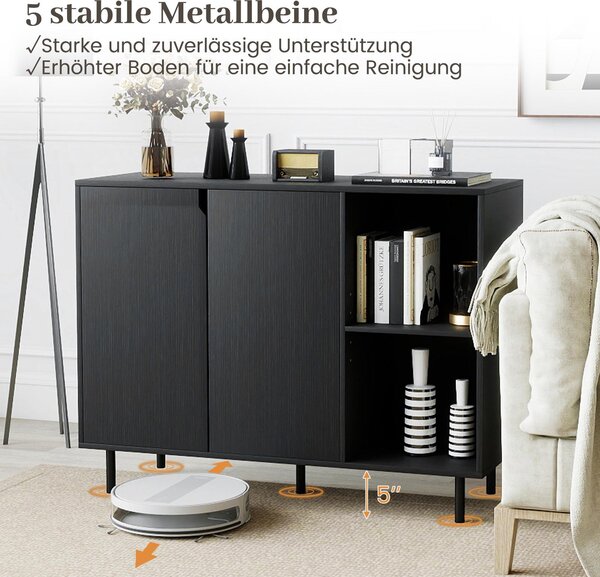 COSTWAY Komoda ze dřeva, komoda se 4 přihrádkami a 2 dvířky, příborník, kuchyňská skříň, úložný prostor, moderní skříň, 106 x 38 x 80 cm, černá