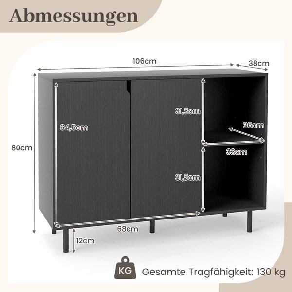 COSTWAY Komoda ze dřeva, komoda se 4 přihrádkami a 2 dvířky, příborník, kuchyňská skříň, úložný prostor, moderní skříň, 106 x 38 x 80 cm, černá