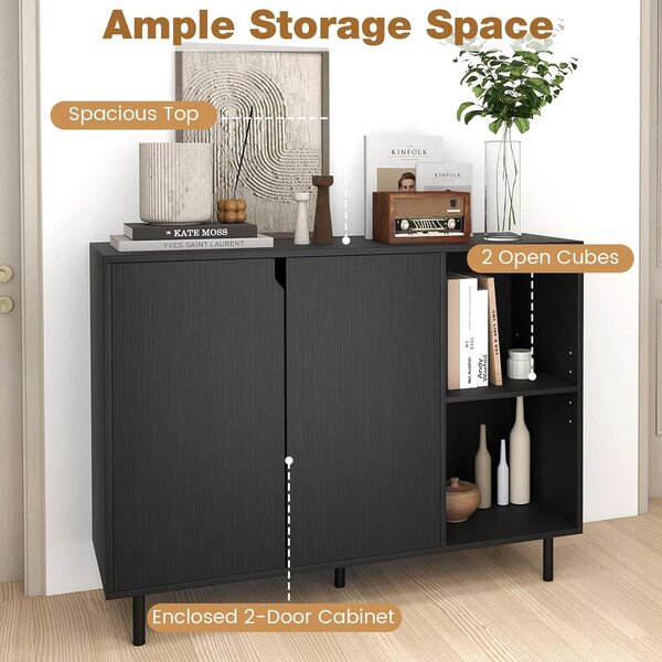 KOMFOTTEU Bufetová skříň Sideboard bílá, moderní kuchyňská skříň s dvířky, 5 nastavitelných polic a ochranou proti převrácení, kuchyňská komoda, úložná skříň do obývacího pokoje nebo chodby (černá)