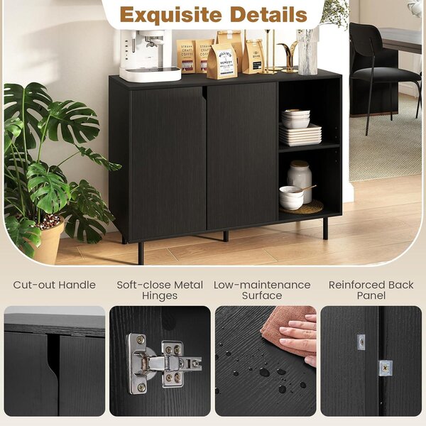 KOMFOTTEU Bufetová skříň Sideboard bílá, moderní kuchyňská skříň s dvířky, 5 nastavitelných polic a ochranou proti převrácení, kuchyňská komoda, úložná skříň do obývacího pokoje nebo chodby (černá)