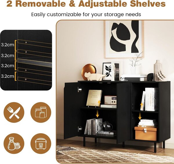 KOMFOTTEU Bufetová skříň Sideboard bílá, moderní kuchyňská skříň s dvířky, 5 nastavitelných polic a ochranou proti převrácení, kuchyňská komoda, úložná skříň do obývacího pokoje nebo chodby (černá)