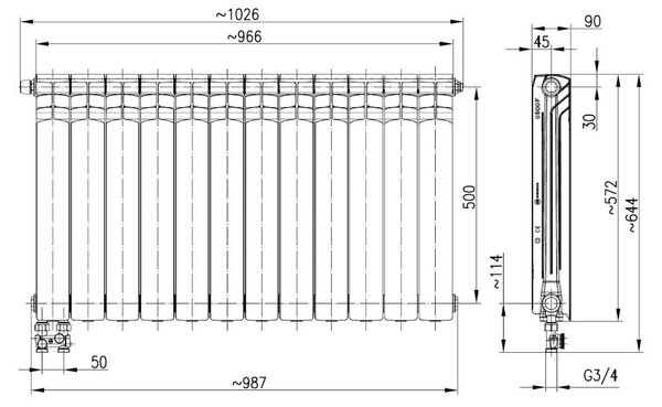 KFA Armatura G500F pokojový radiátor 57.2x96.6 cm podłączenie spodní bílá 789-124-44
