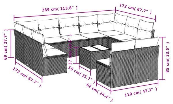 12dílná zahradní sedací souprava s poduškami hnědá polyratan 3218363