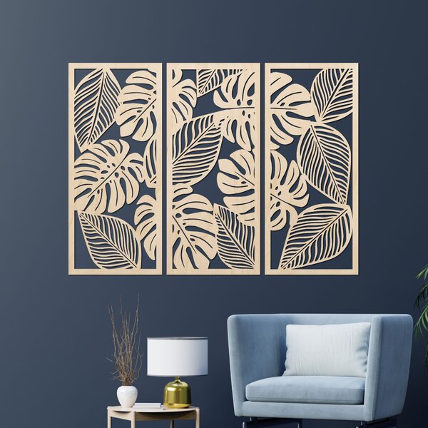 Třídílný obraz monstera pro milovníky přírody | PORFOLT: Překližka Topol - bez povrchové úpravy 60 x 45 cm 4408-85051 PR0523