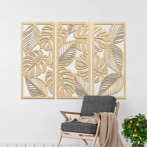 Třídílný obraz monstera pro milovníky přírody | PORFOLT: Překližka Topol - bez povrchové úpravy 60 x 45 cm 4408-85051 PR0523