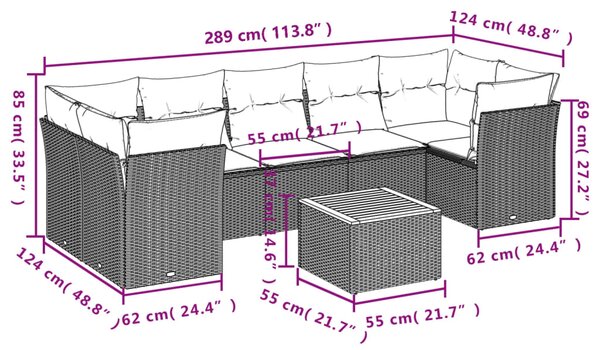 8dílná zahradní sedací souprava s poduškami šedá polyratan