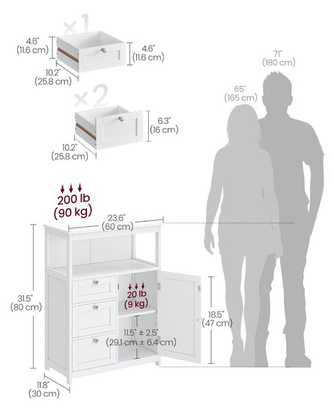 VASAGLE Volně stojící koupelnová skříňka se 3 zásuvkami bílá