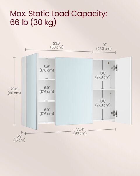 VASAGLE Zrcadlová skříňka do koupelny se 3 dvířky 60 x 90 x 15 cm bílá