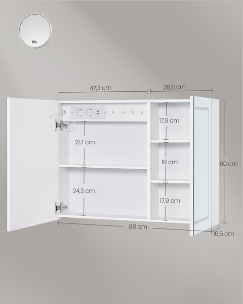 VASAGLE Zrcadlová skříňka do koupelny s elektrickou zásuvkou, osvětlováním 80 x 60 x 16,5